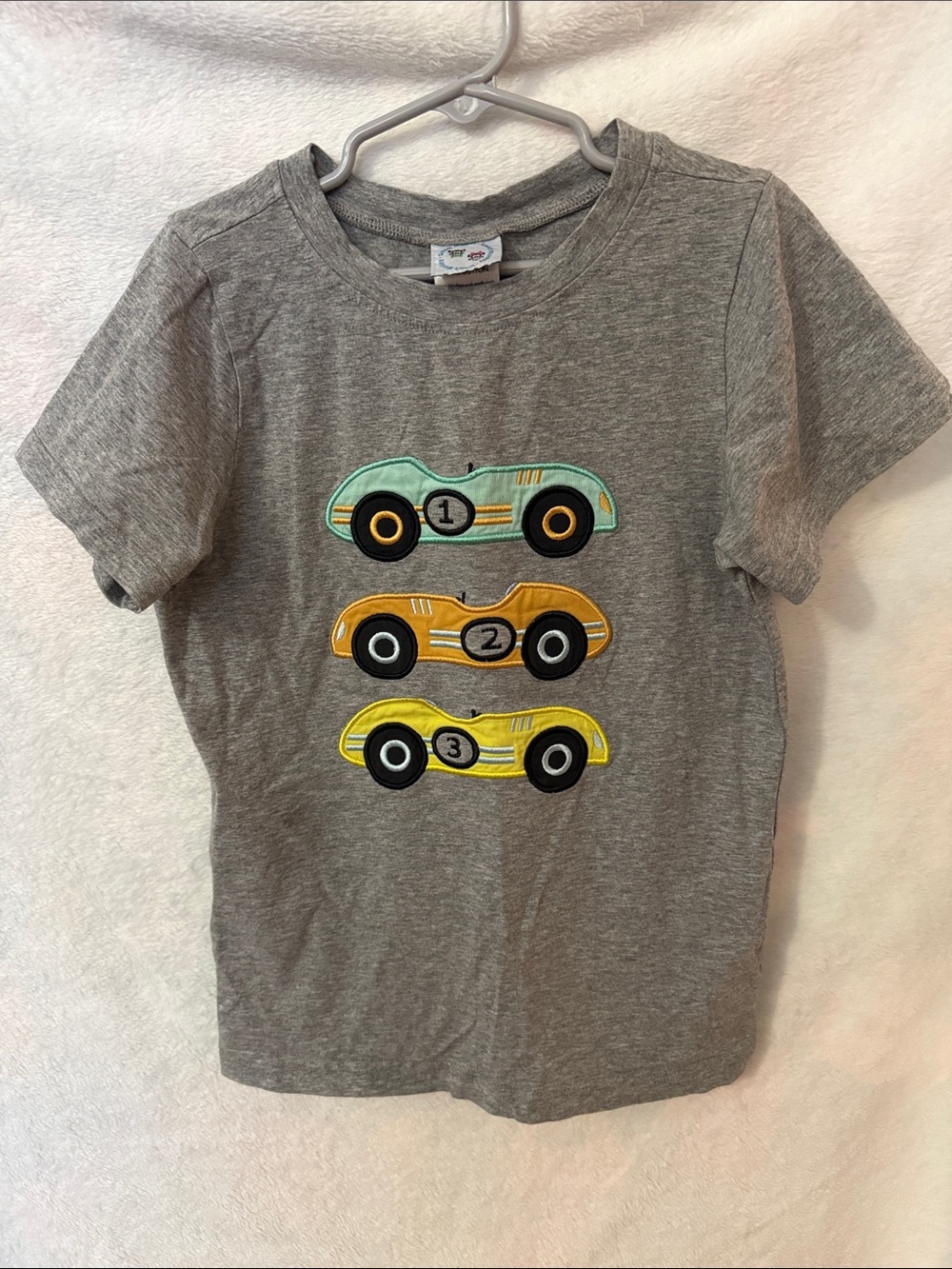 Kids’ Smock Monkey Short Sleeve Gray T-Shirt with Appliqué Race Cars Size 6